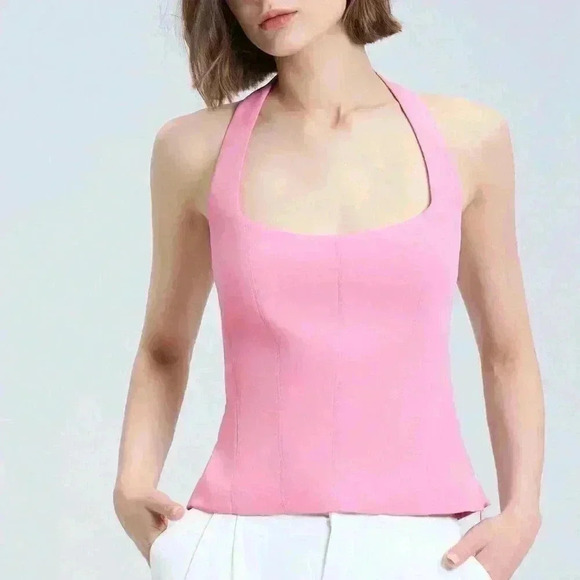 Pink Casual Women's Solid Color Summer Halter Neck Backless Tank Top - Picture 5 of 6